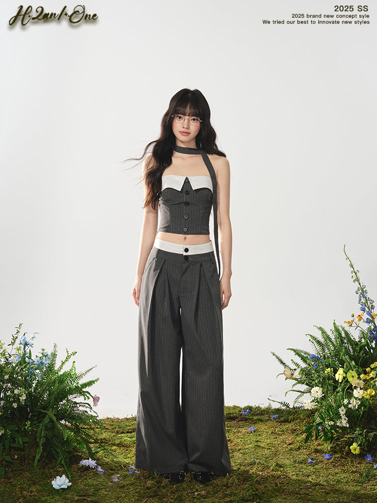 Cropped Tube Top & Pleated Wide-Leg Trousers Set