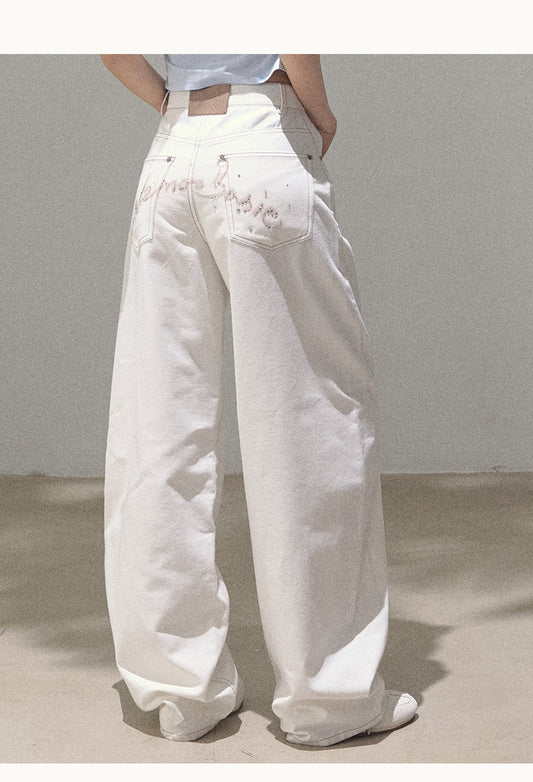 Curved Silhouette Wide-Leg Pants With Rhinestones