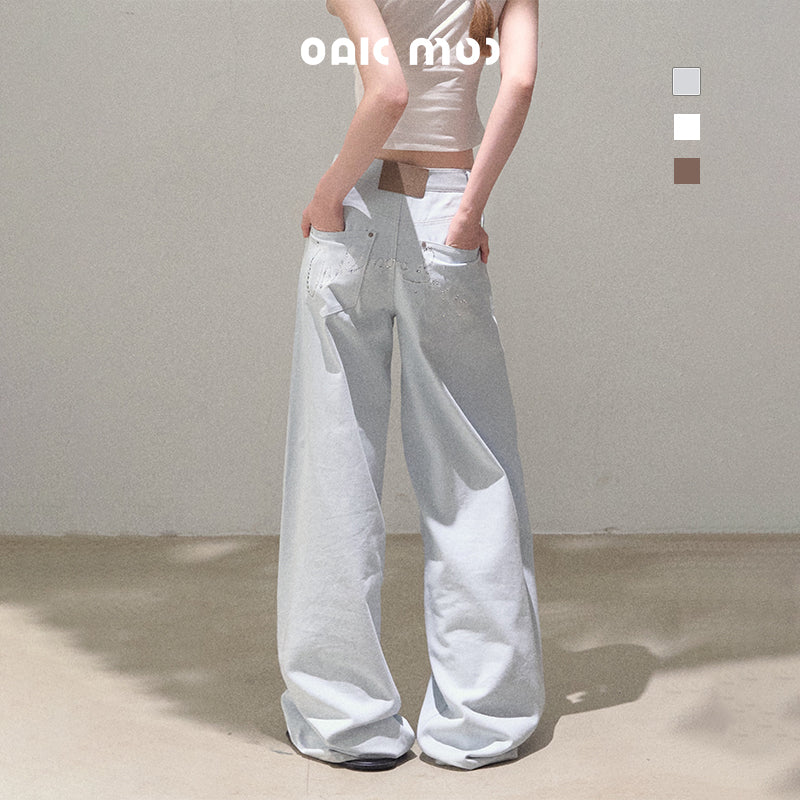 Curved Silhouette Wide-Leg Pants With Rhinestones