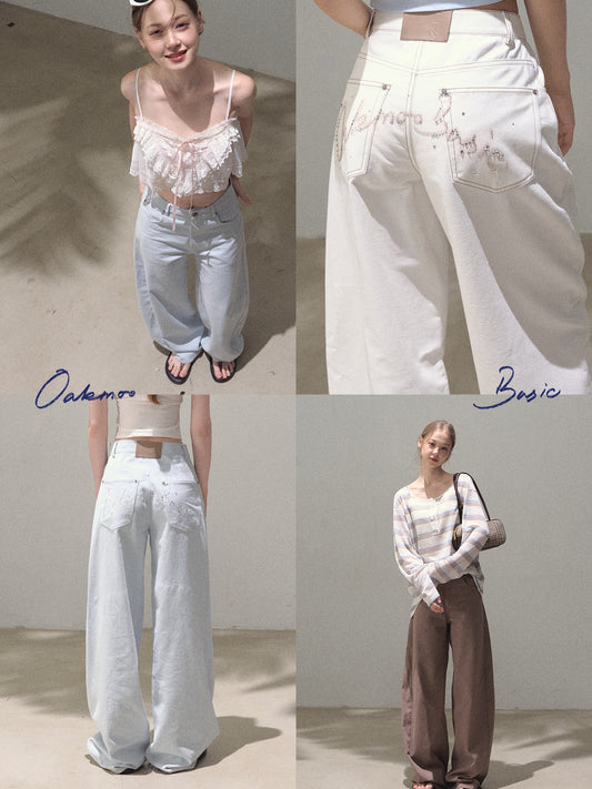 Curved Silhouette Wide-Leg Pants With Rhinestones