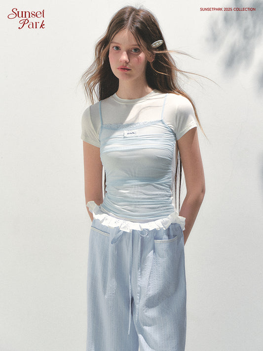 Layered-Look Ruched Mesh Overlay T-Shirt