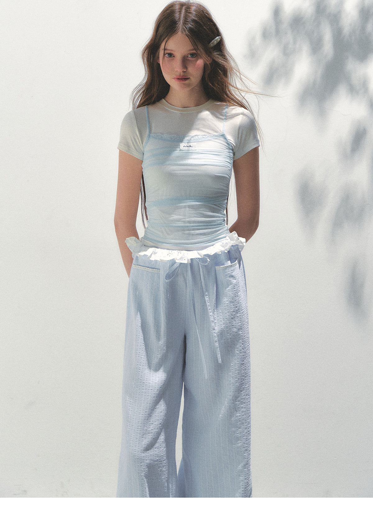 Layered-Look Ruched Mesh Overlay T-Shirt