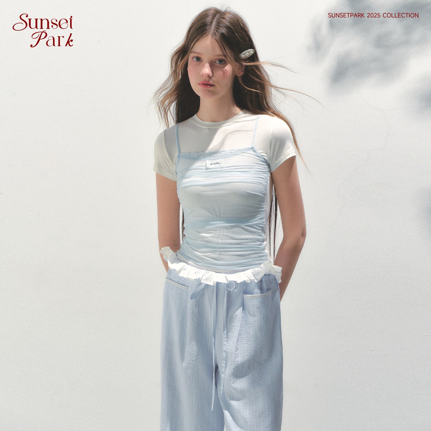 Layered-Look Ruched Mesh Overlay T-Shirt