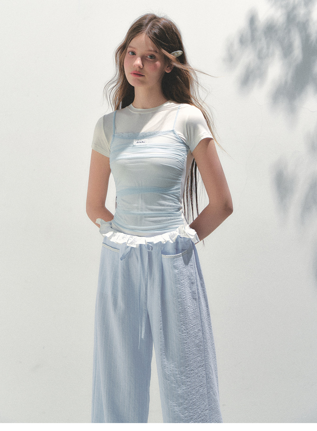 Layered-Look Ruched Mesh Overlay T-Shirt