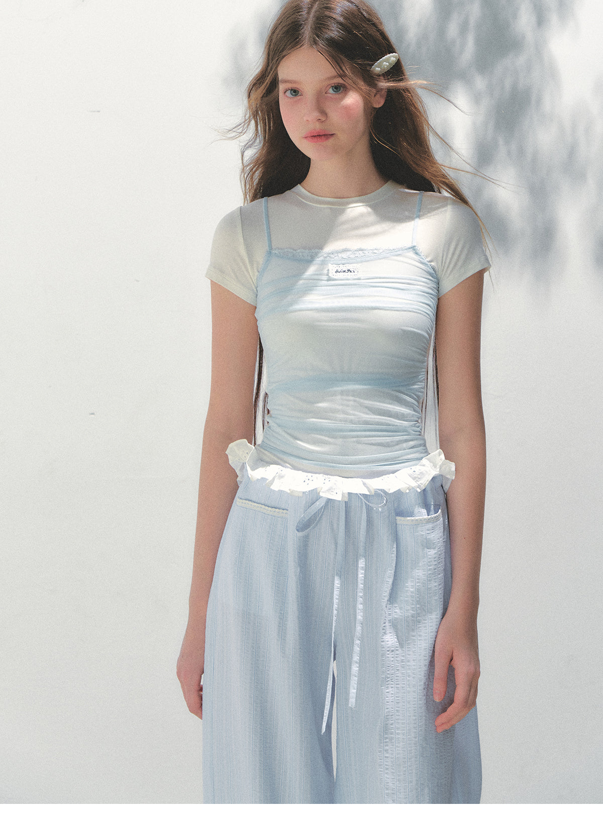 Layered-Look Ruched Mesh Overlay T-Shirt
