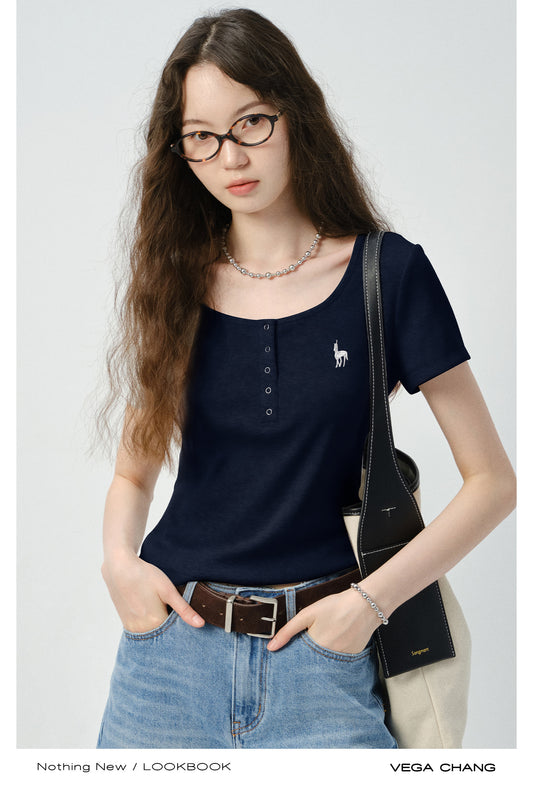 Slim Fit Half-Button Embroidered T-Shirt
