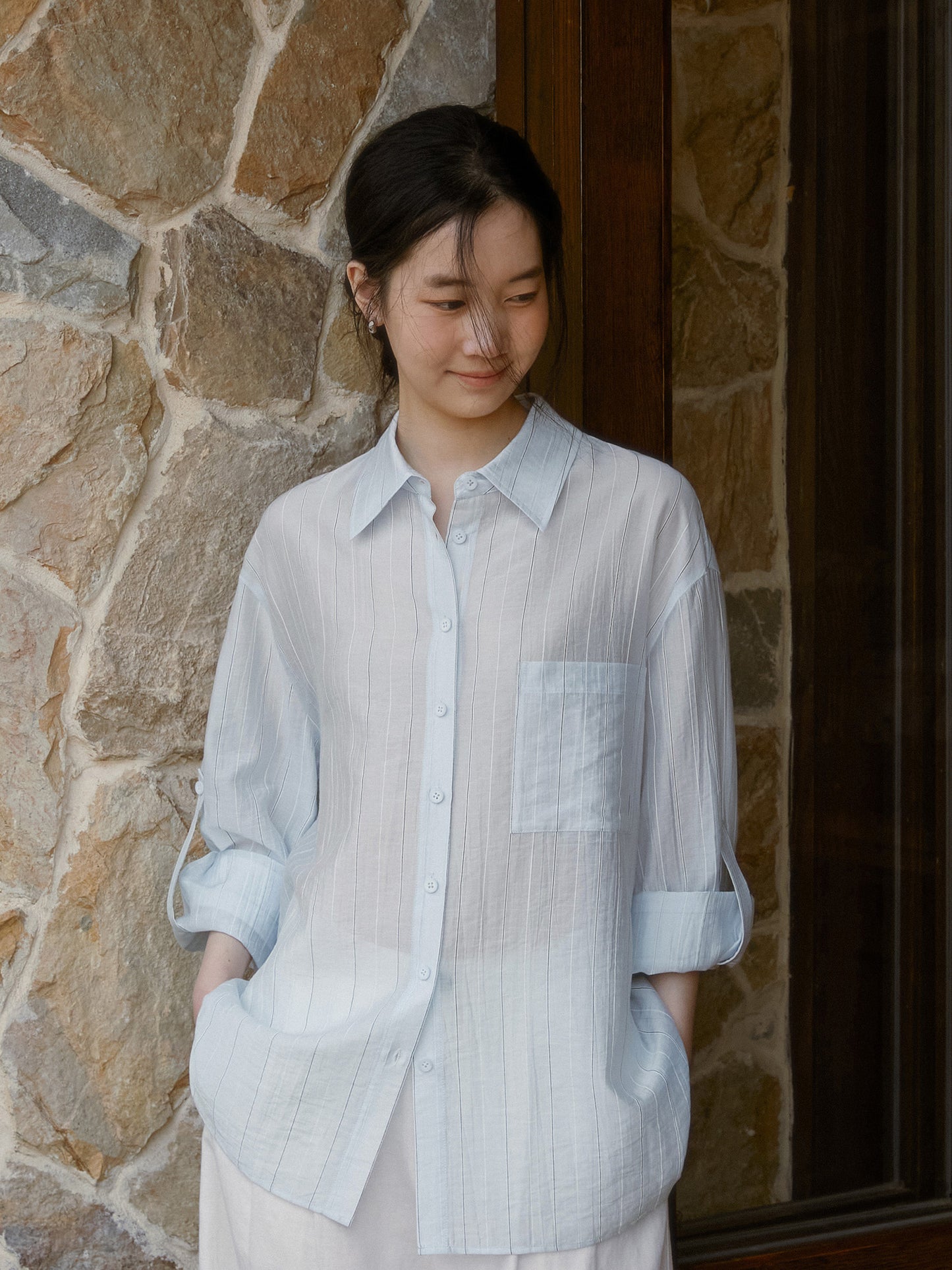 Relaxed-Fit Sheer Striped Shirt With Embroidery