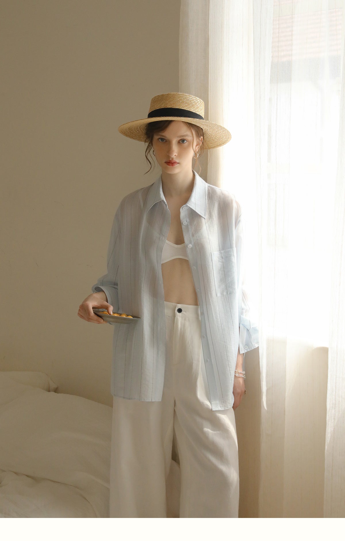Relaxed-Fit Sheer Striped Shirt With Embroidery
