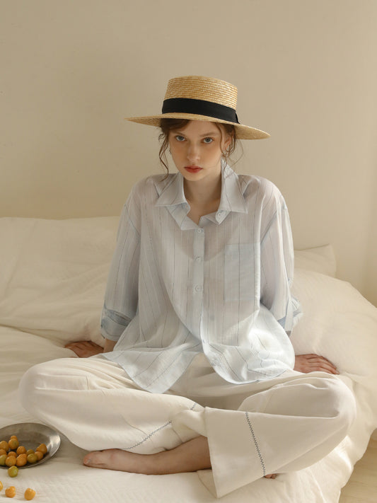 Relaxed-Fit Sheer Striped Shirt With Embroidery