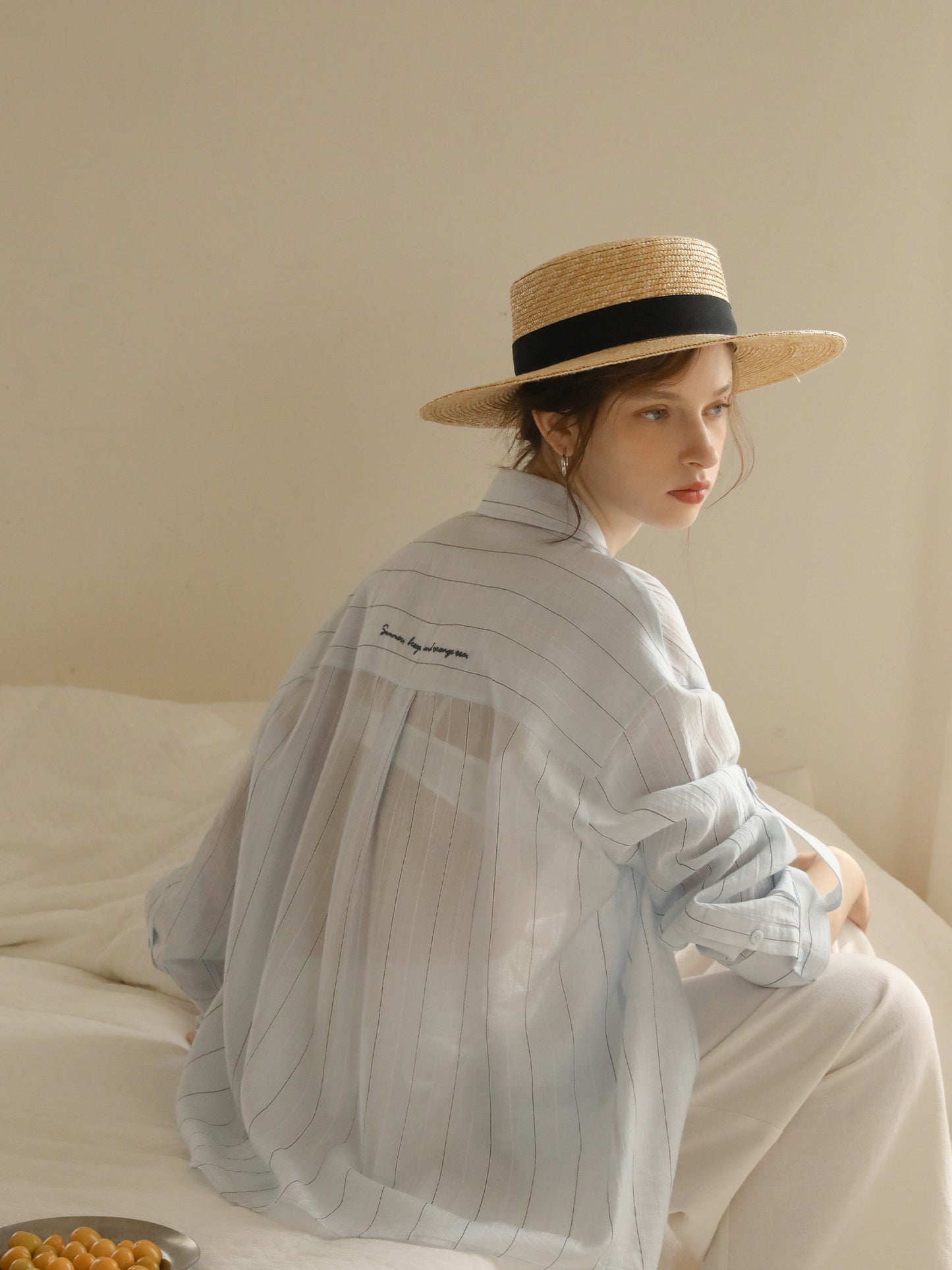 Relaxed-Fit Sheer Striped Shirt With Embroidery