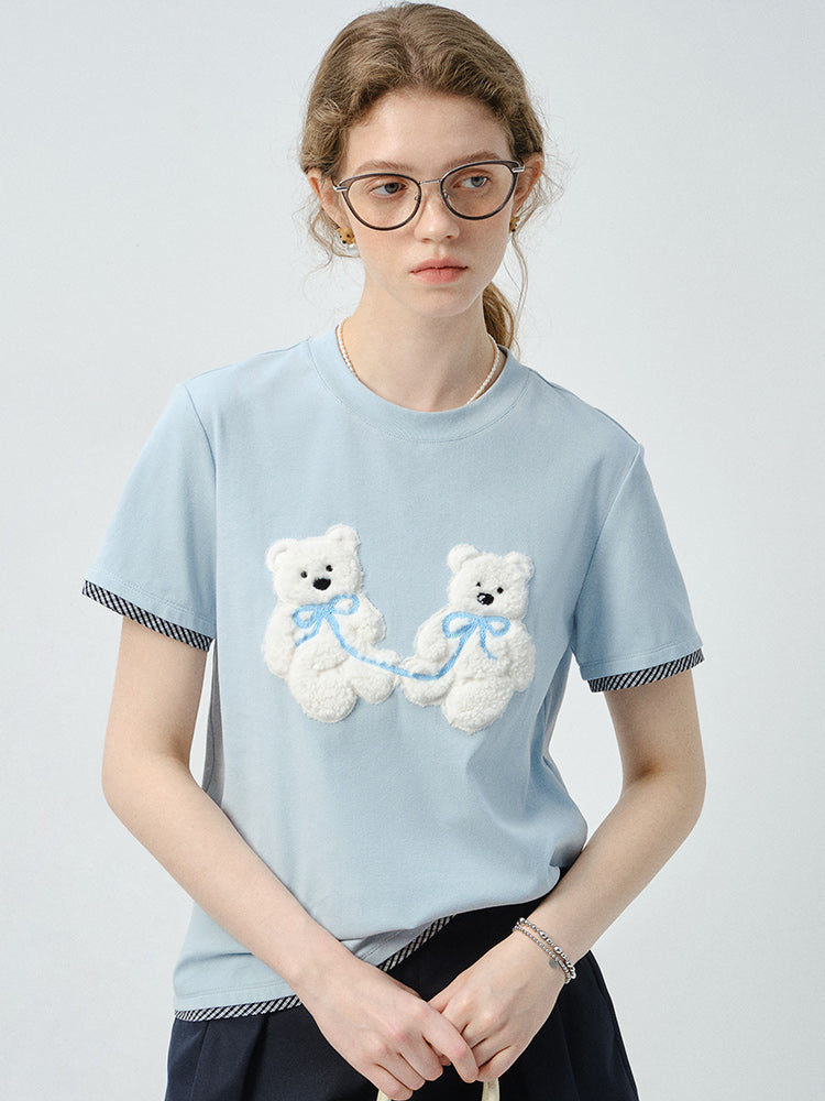 Plush Teddy Appliqué T-Shirt With Plaid Trim