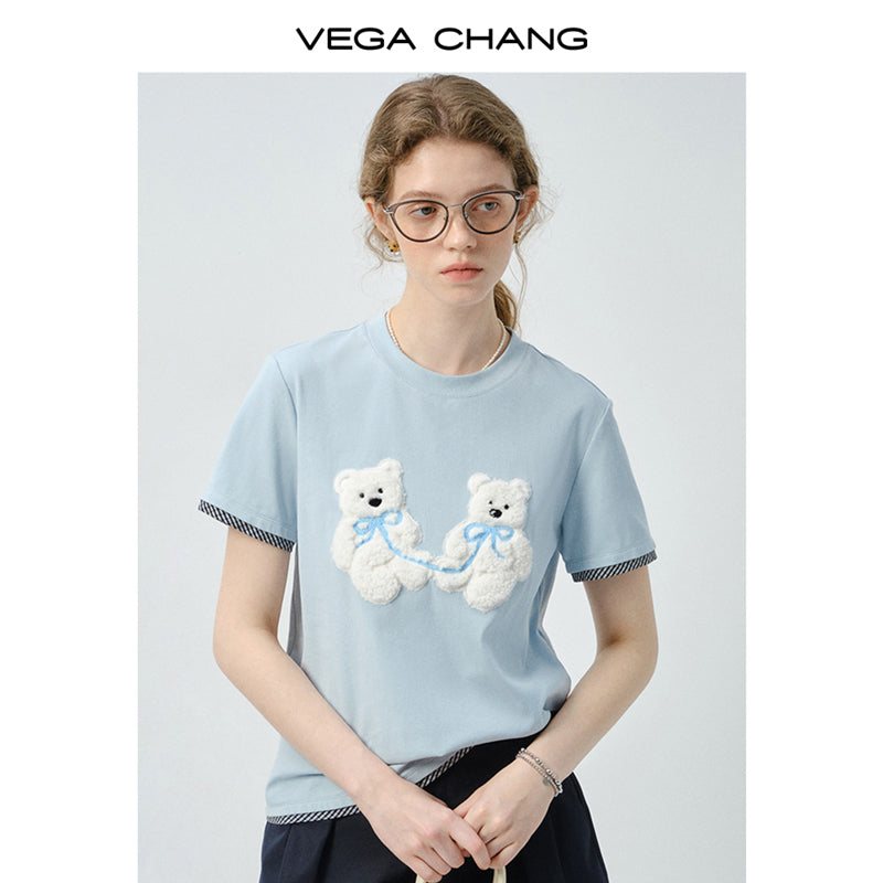 Plush Teddy Appliqué T-Shirt With Plaid Trim