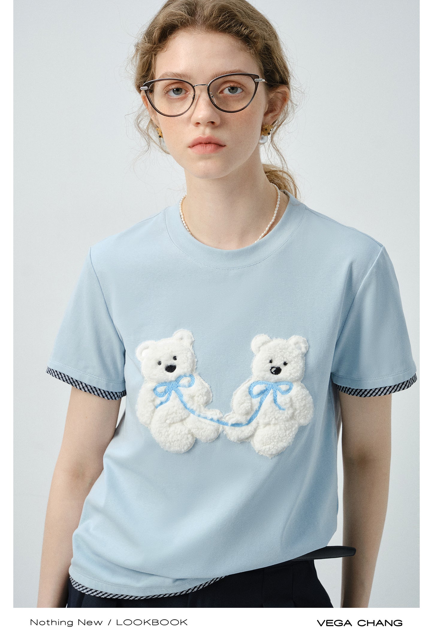Plush Teddy Appliqué T-Shirt With Plaid Trim