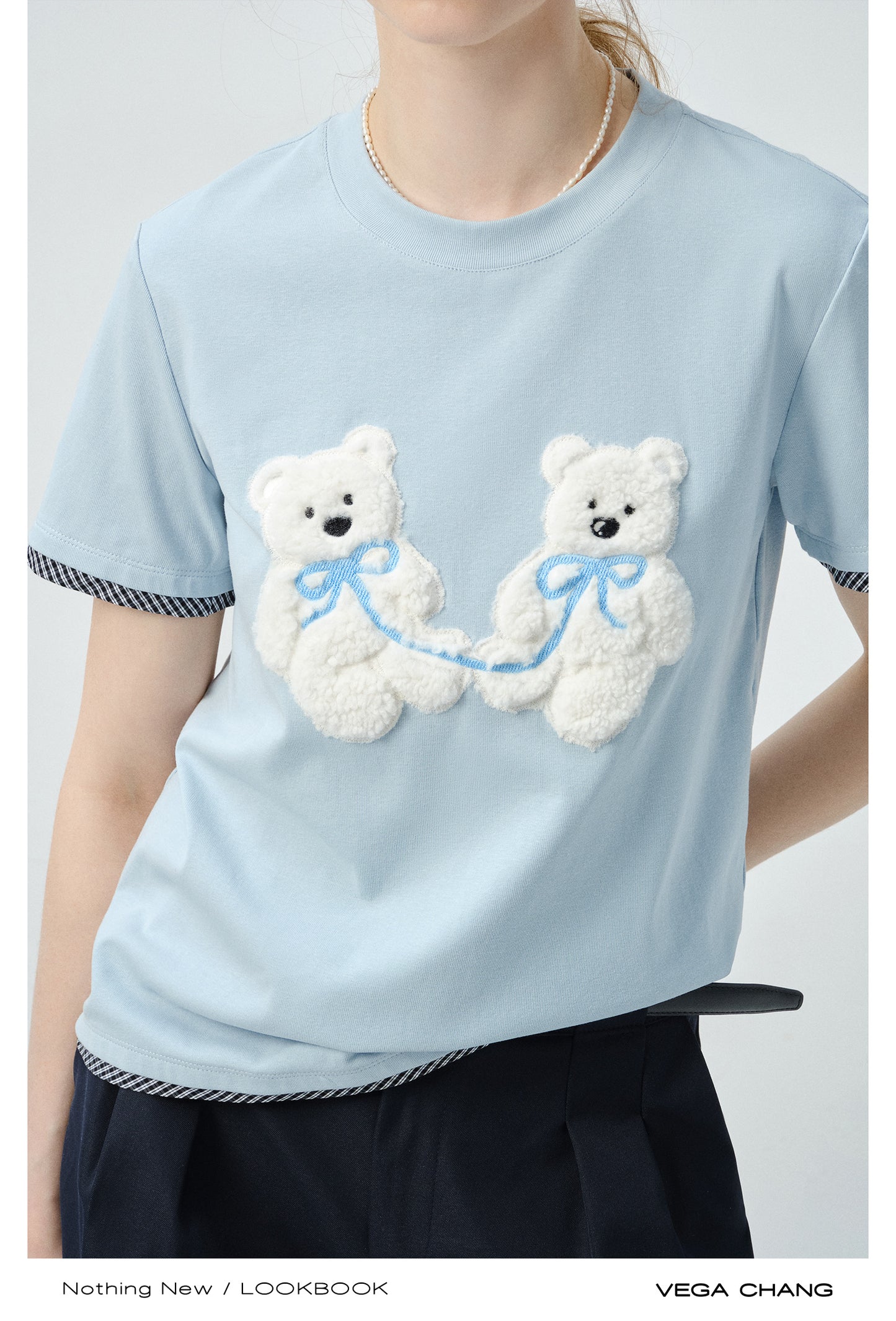 Plush Teddy Appliqué T-Shirt With Plaid Trim