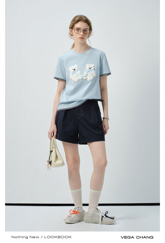 Plush Teddy Appliqué T-Shirt With Plaid Trim