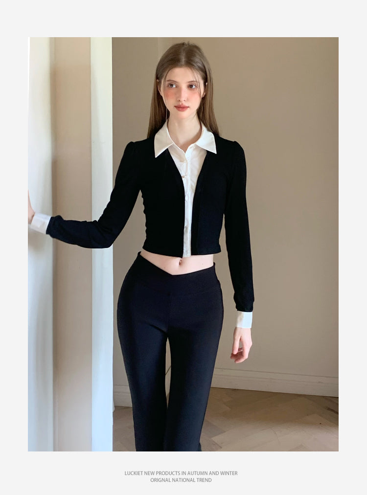 Layered-Look Collared Knit Top