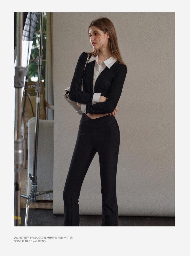 Layered-Look Collared Knit Top
