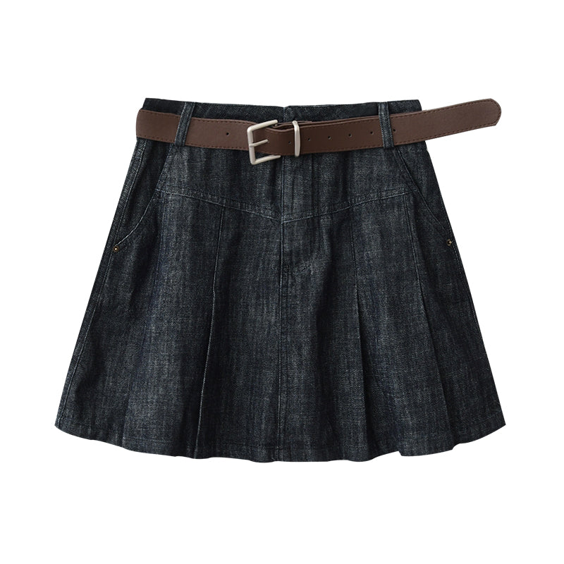 High-Waist Pleated A-Line Denim Skirt