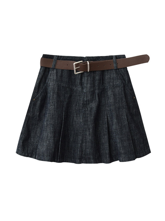 High-Waist Pleated A-Line Denim Skirt