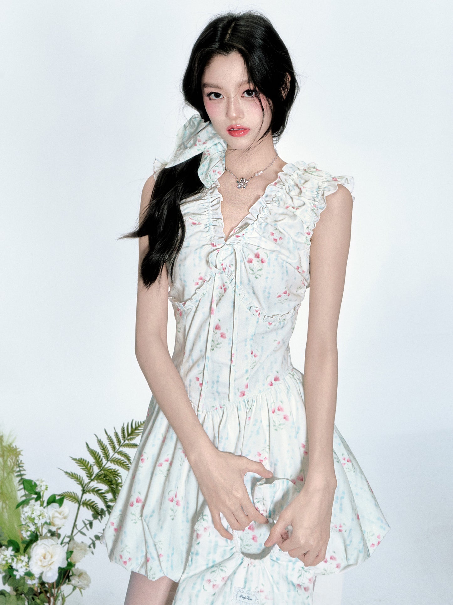 Floral Bubble Hem Dress With Ruched Detail