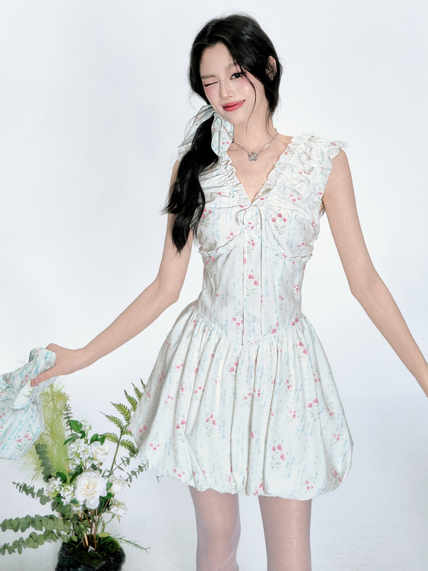 Floral Bubble Hem Dress With Ruched Detail