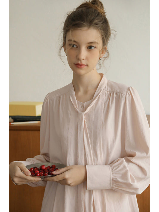 Pleated Puff-Sleeve Tie-Neck Blouse & Draped Skirt