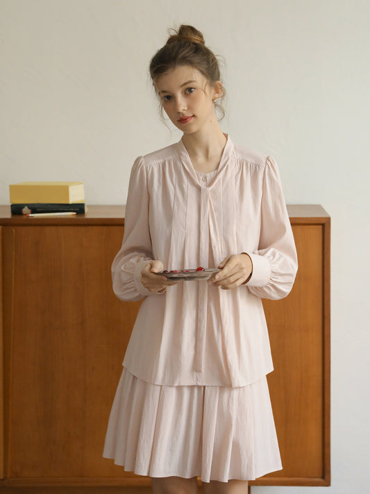 Pleated Puff-Sleeve Tie-Neck Blouse & Draped Skirt