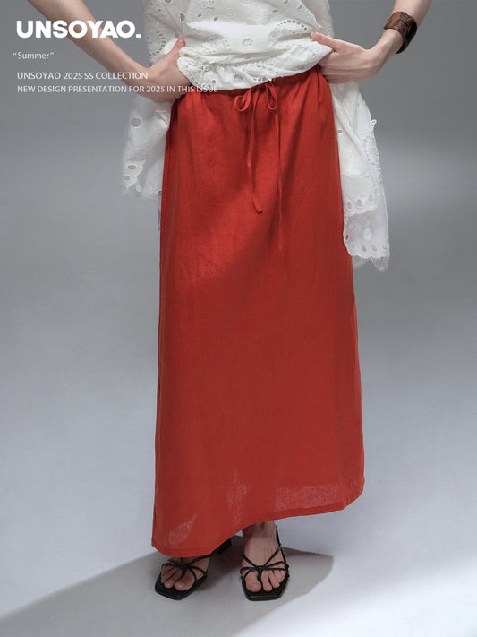 Elastic Waist Straight Linen Maxi Skirt