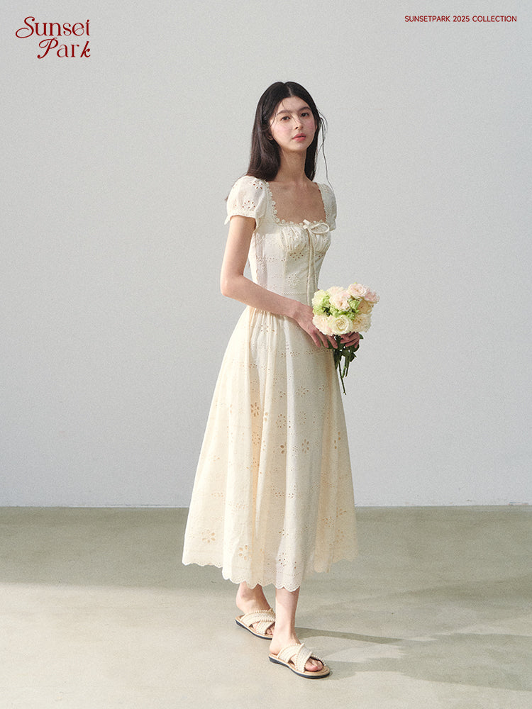 Embroidered Cotton Corset Dress With Square Neck