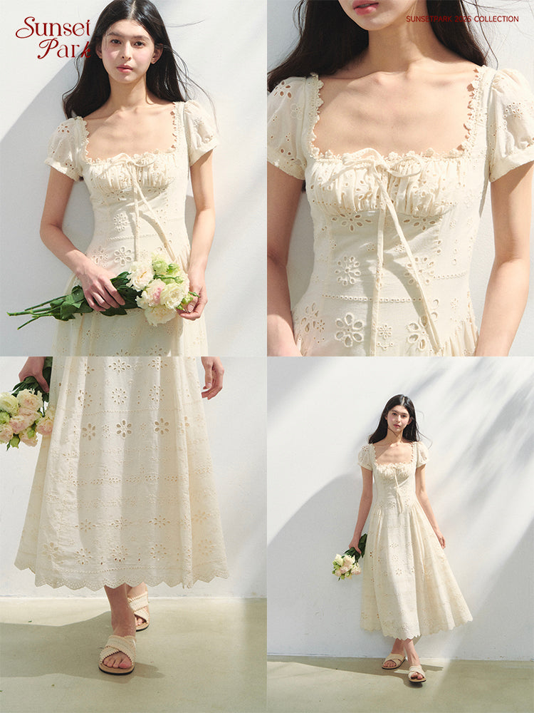 Embroidered Cotton Corset Dress With Square Neck