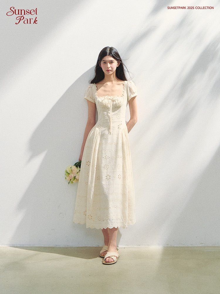 Embroidered Cotton Corset Dress With Square Neck