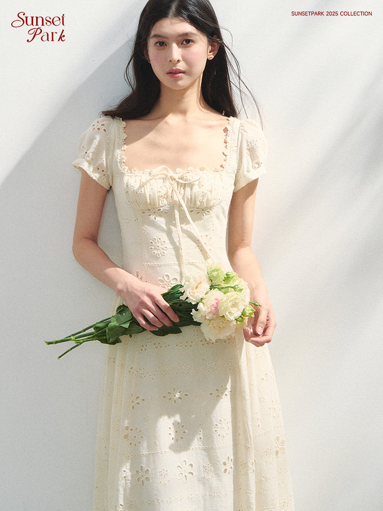 Embroidered Cotton Corset Dress With Square Neck