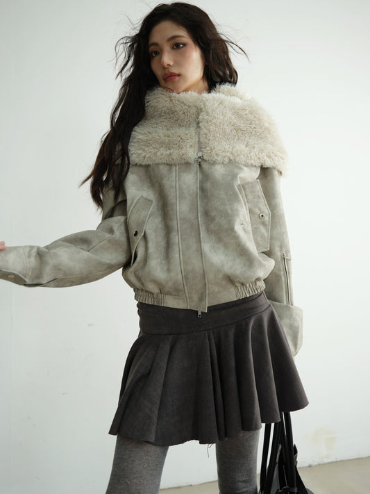 Faux Leather Jacket With Plush Oversized Fur Hood