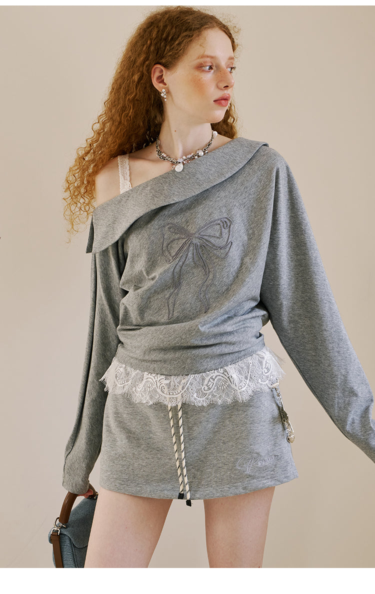 Embroidered Bow One-Shoulder Top