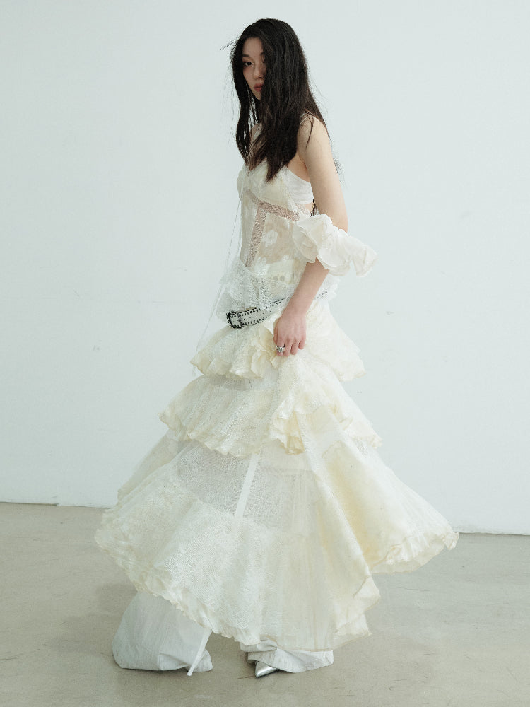 See-Through Tiered Lace Strap Dress