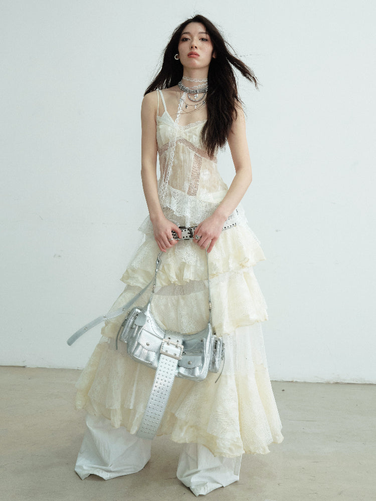 See-Through Tiered Lace Strap Dress