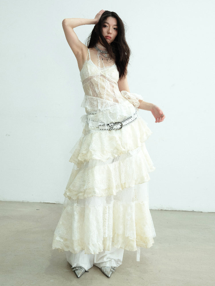 See-Through Tiered Lace Strap Dress