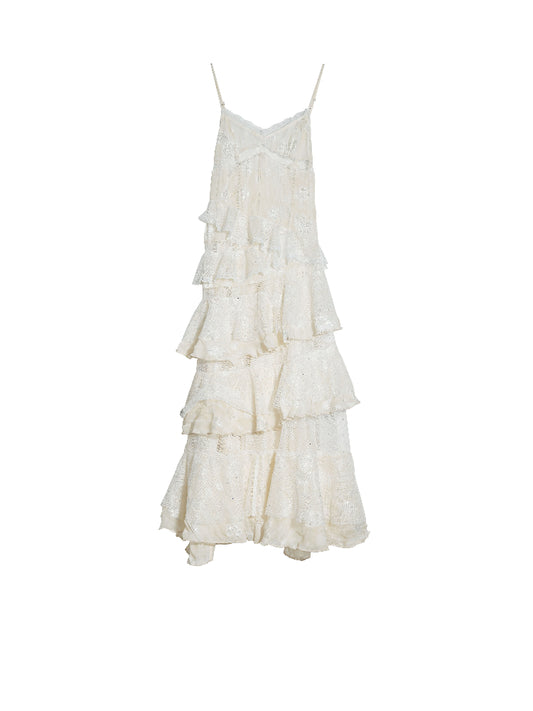See-Through Tiered Lace Strap Dress