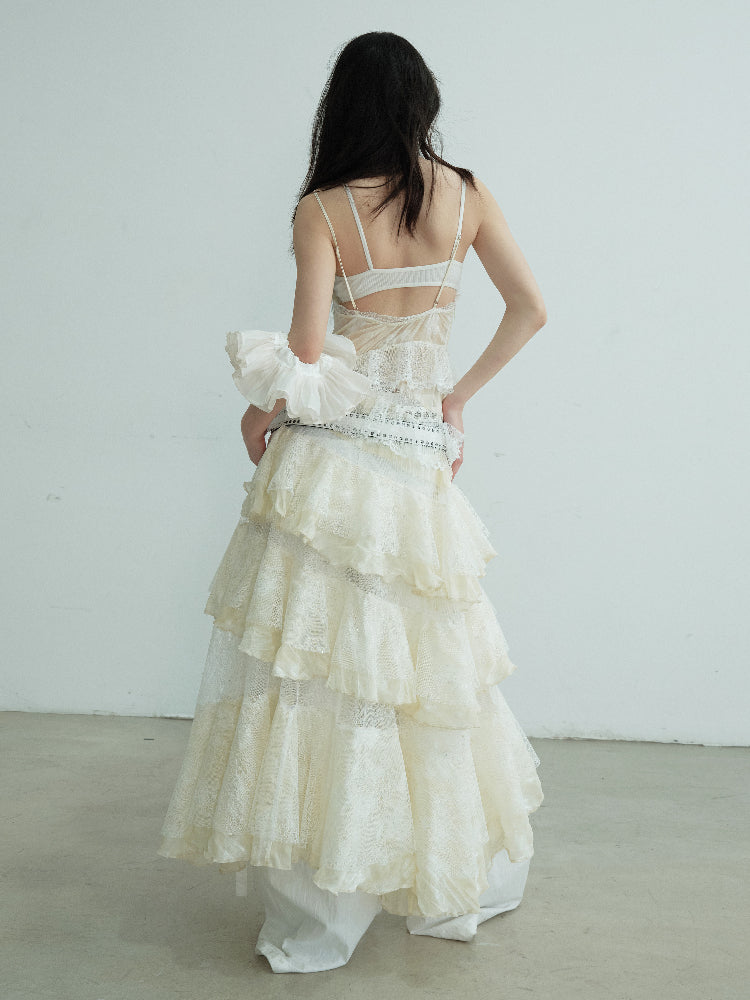 See-Through Tiered Lace Strap Dress