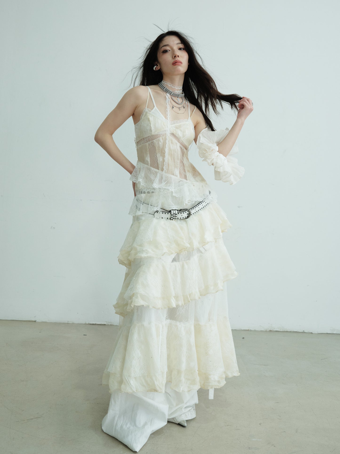 See-Through Tiered Lace Strap Dress