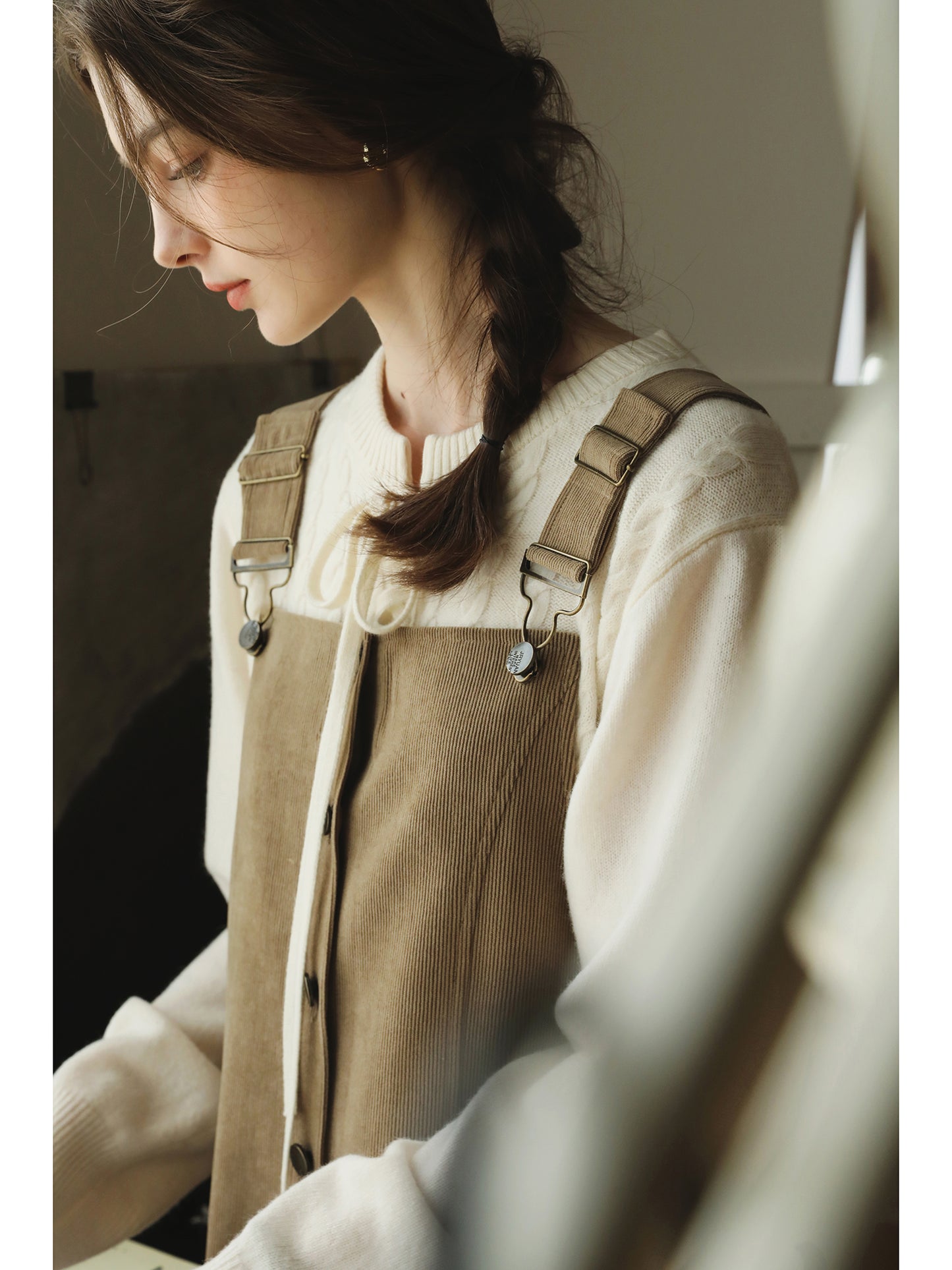 Button-Front Corduroy Suspender Dress