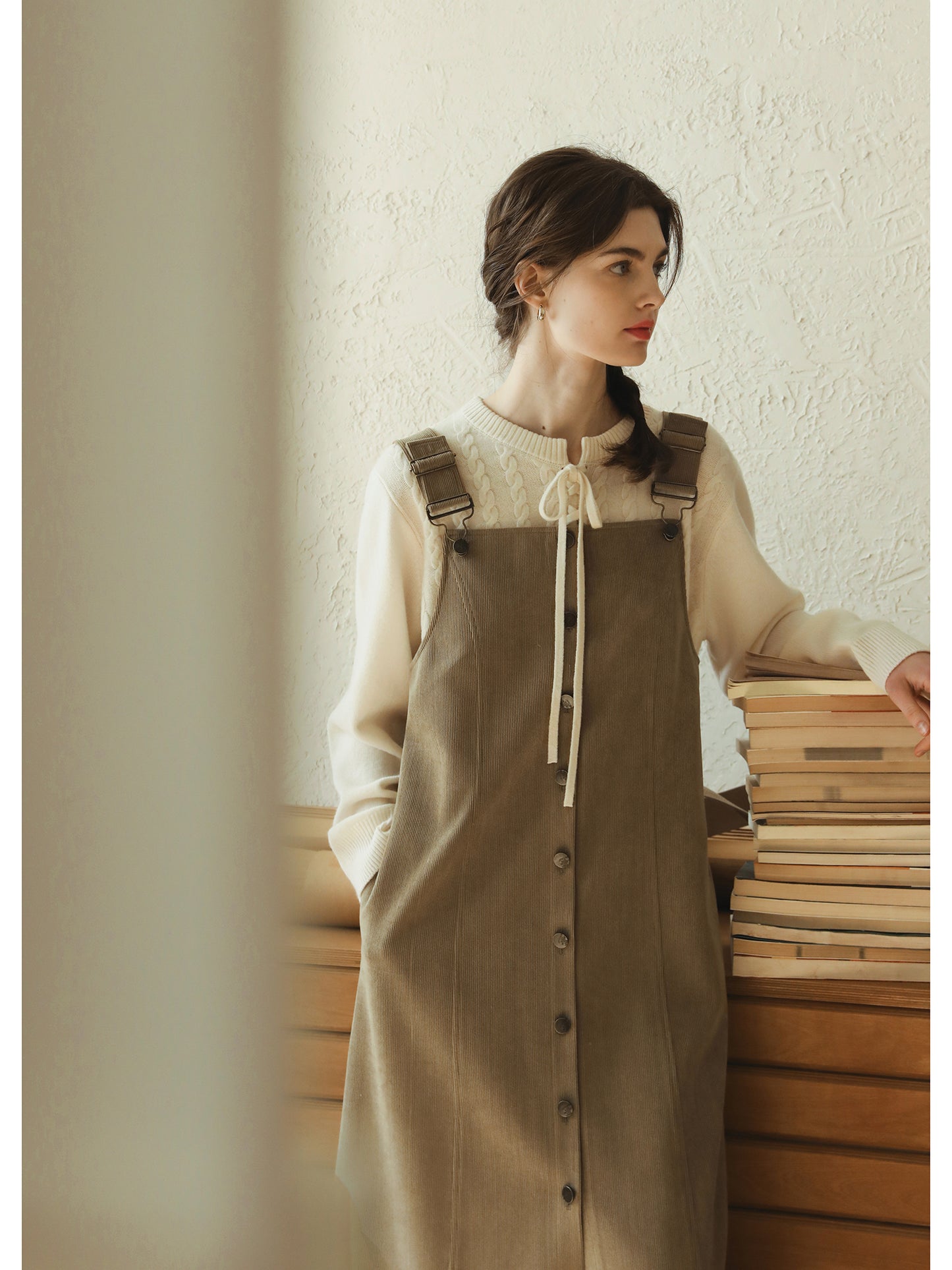 Button-Front Corduroy Suspender Dress