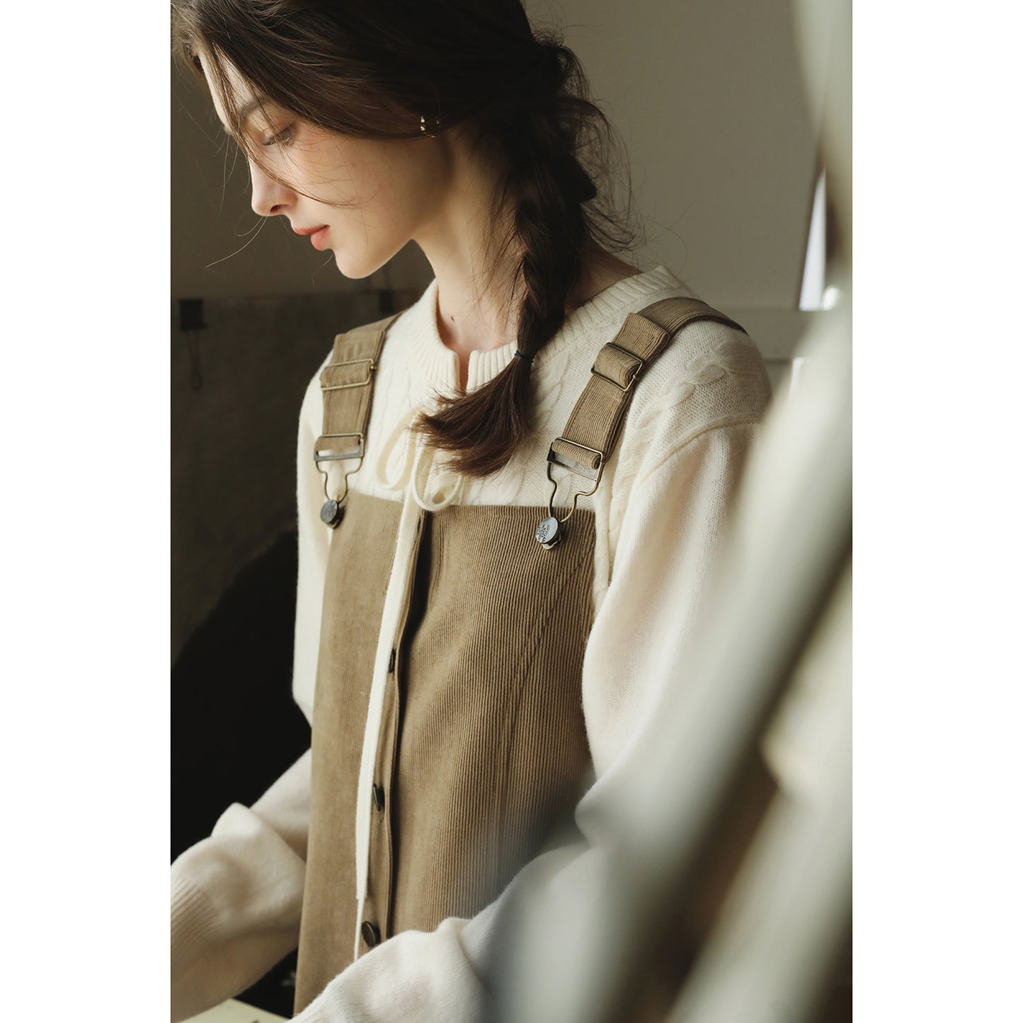Button-Front Corduroy Suspender Dress