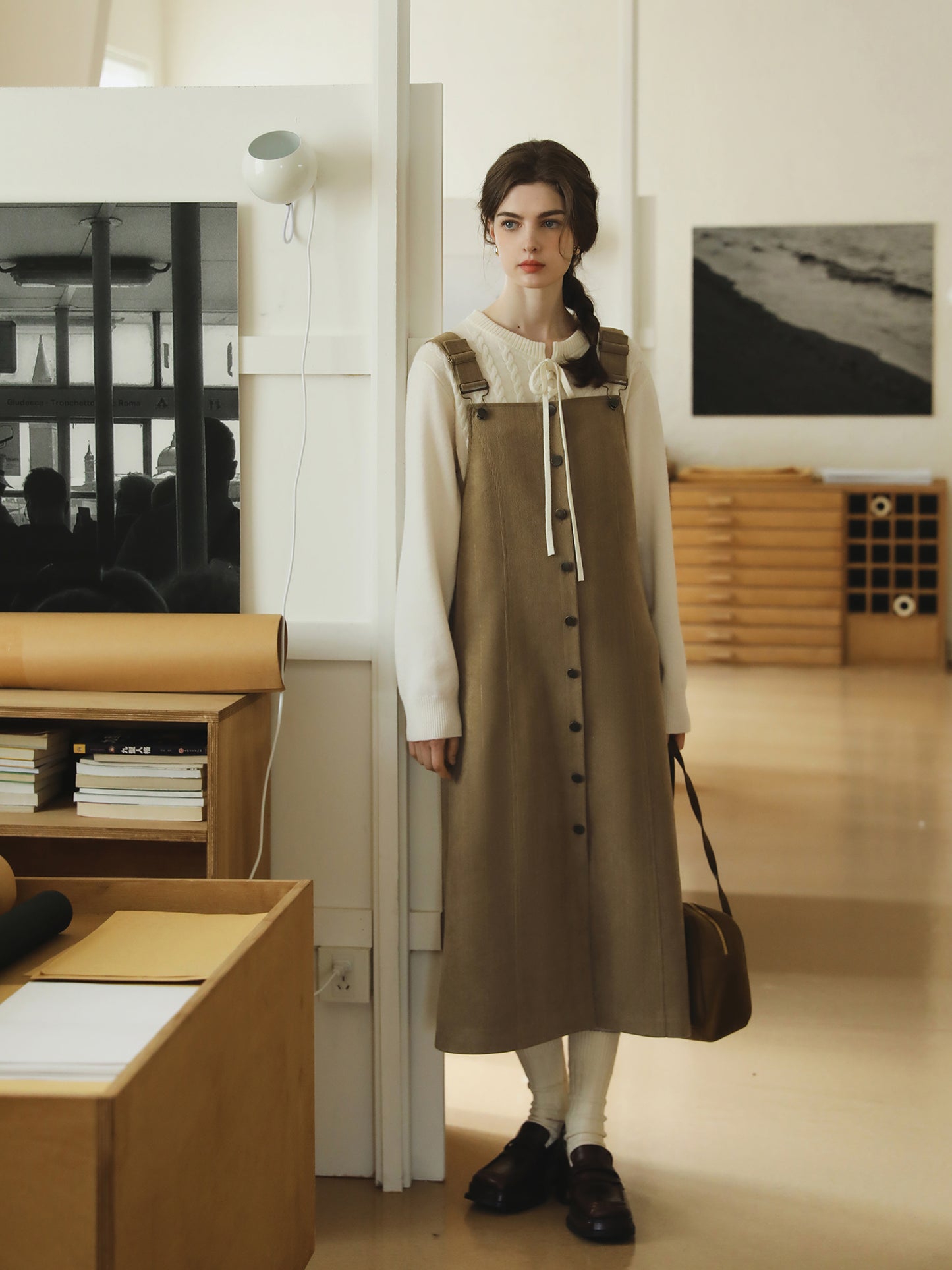 Button-Front Corduroy Suspender Dress