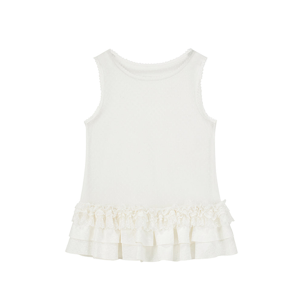 Cake Print T-Shirt & Ruffled Hem Sheer Sleeveless Top