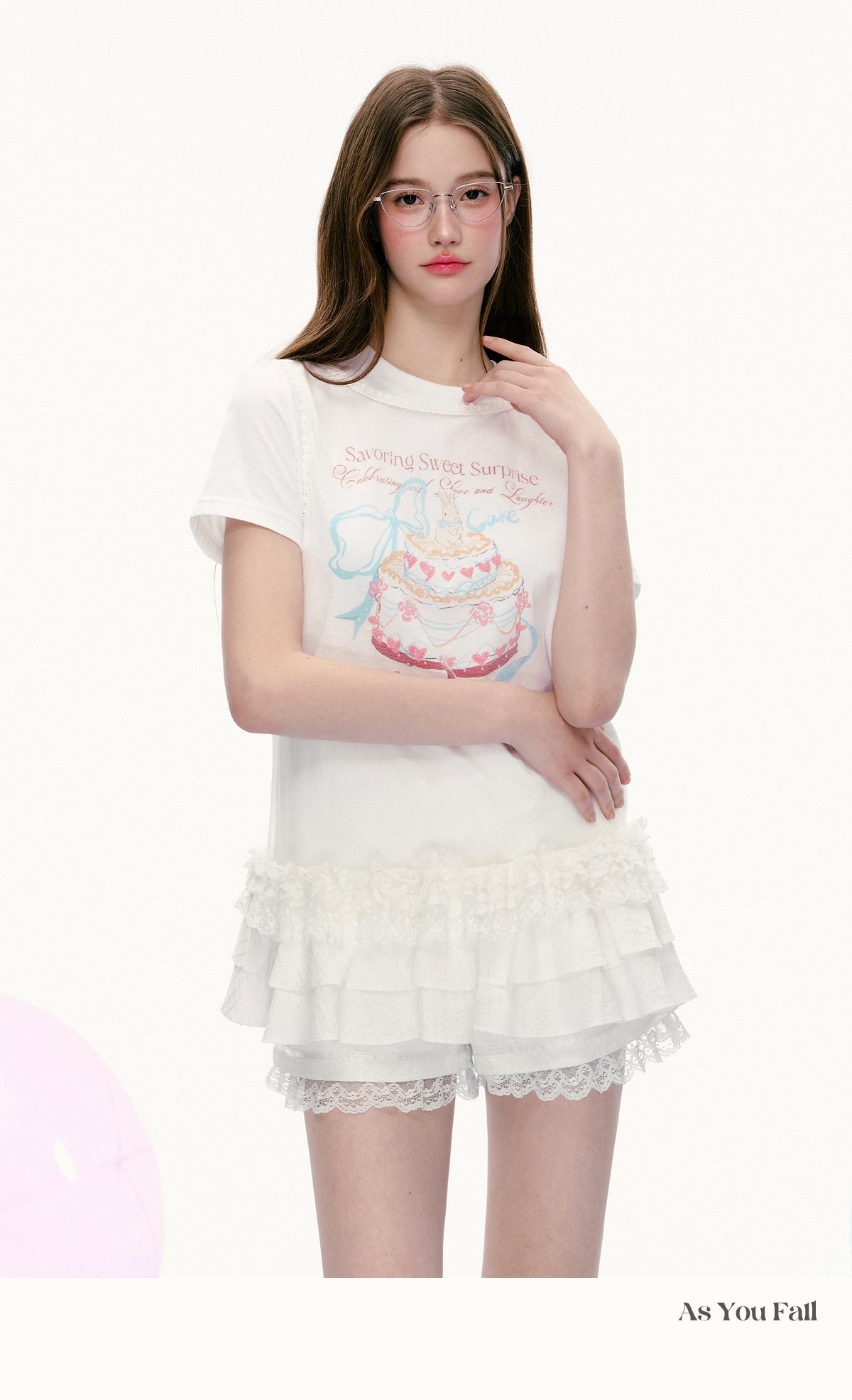 Cake Print T-Shirt & Ruffled Hem Sheer Sleeveless Top