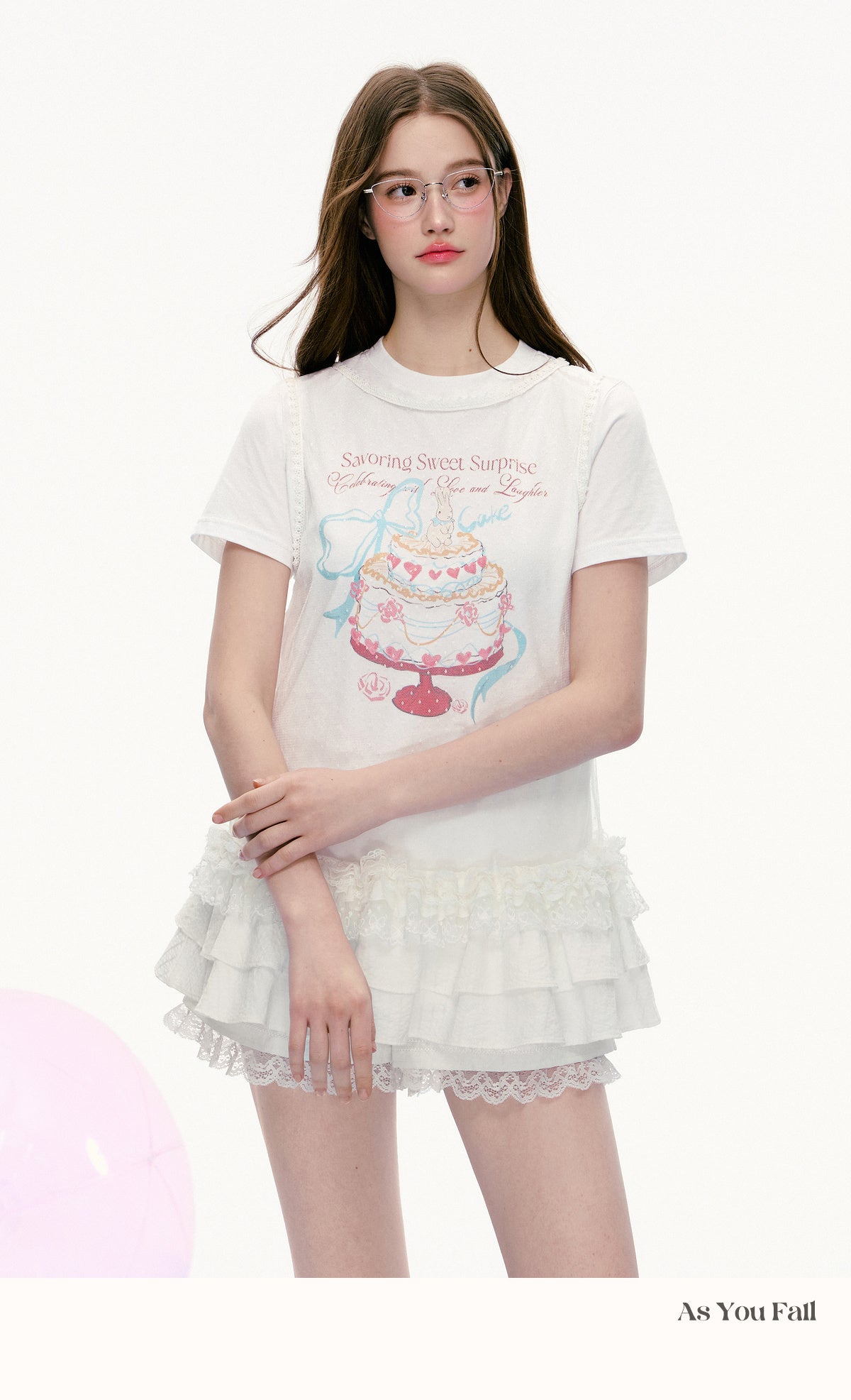 Cake Print T-Shirt & Ruffled Hem Sheer Sleeveless Top