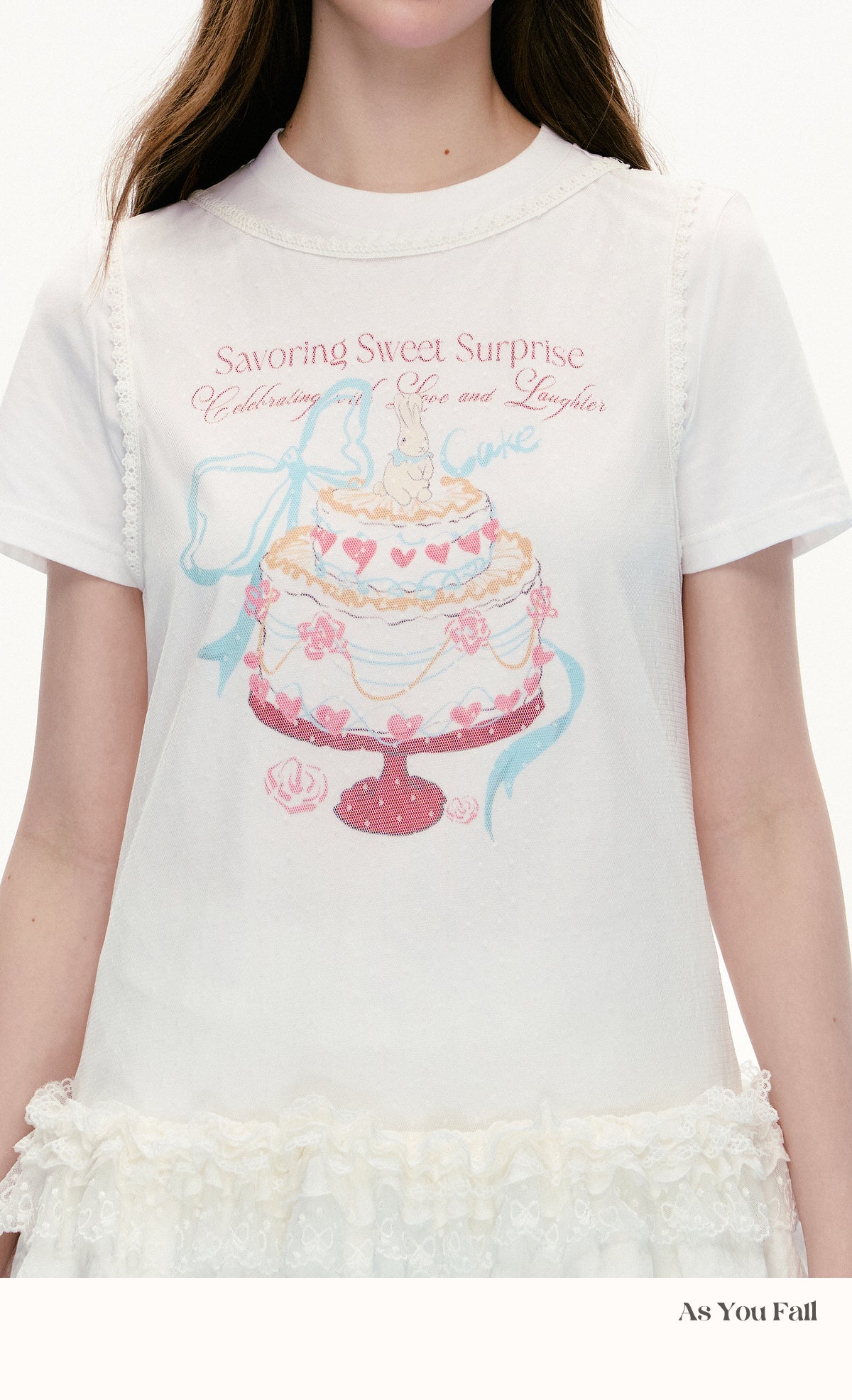 Cake Print T-Shirt & Ruffled Hem Sheer Sleeveless Top