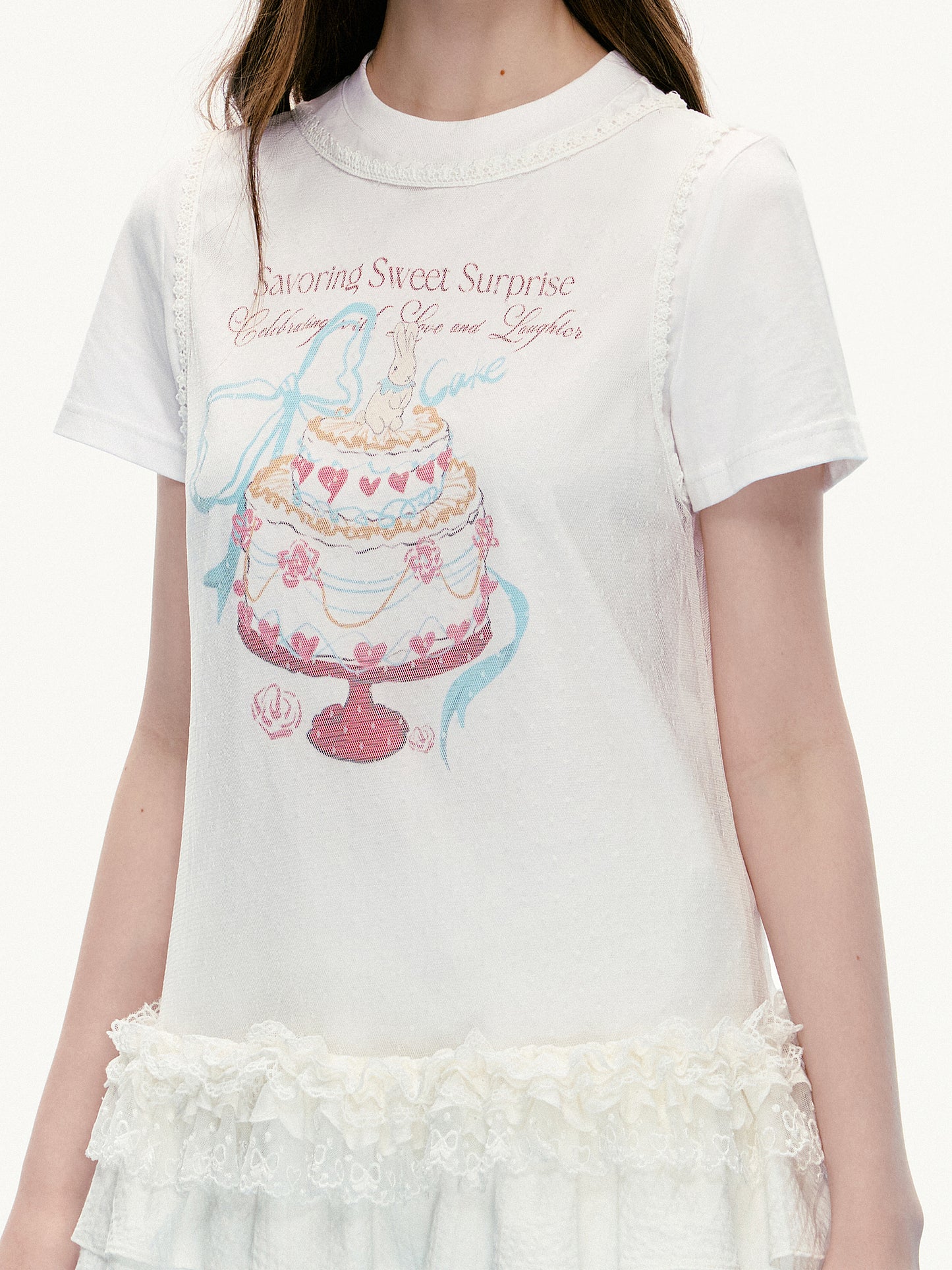 Cake Print T-Shirt & Ruffled Hem Sheer Sleeveless Top