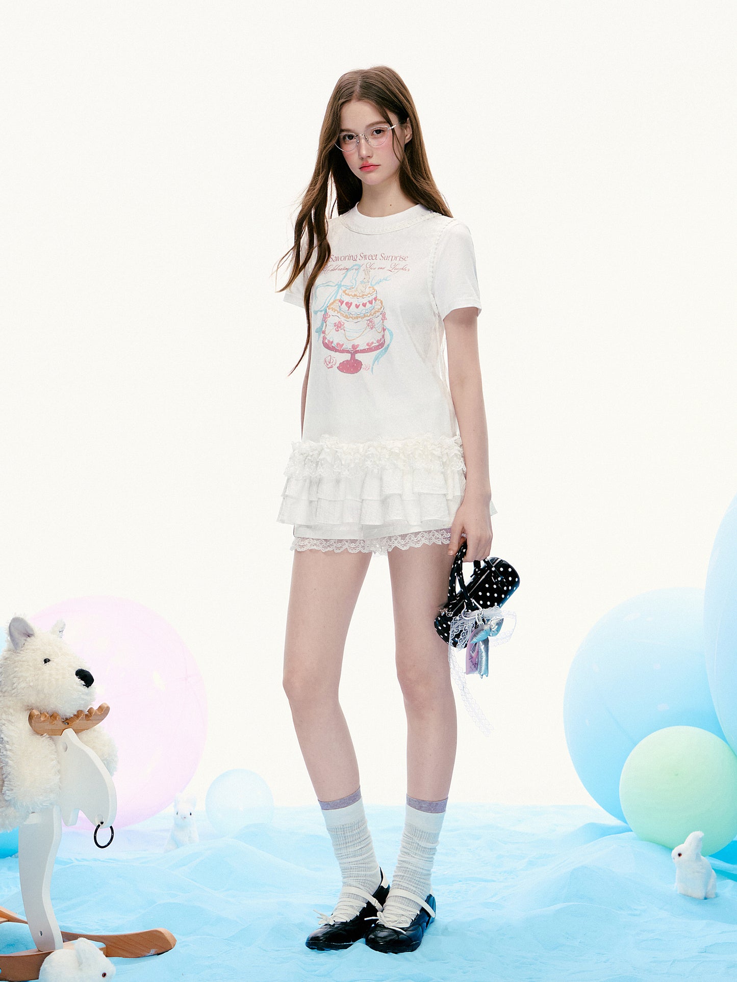 Cake Print T-Shirt & Ruffled Hem Sheer Sleeveless Top